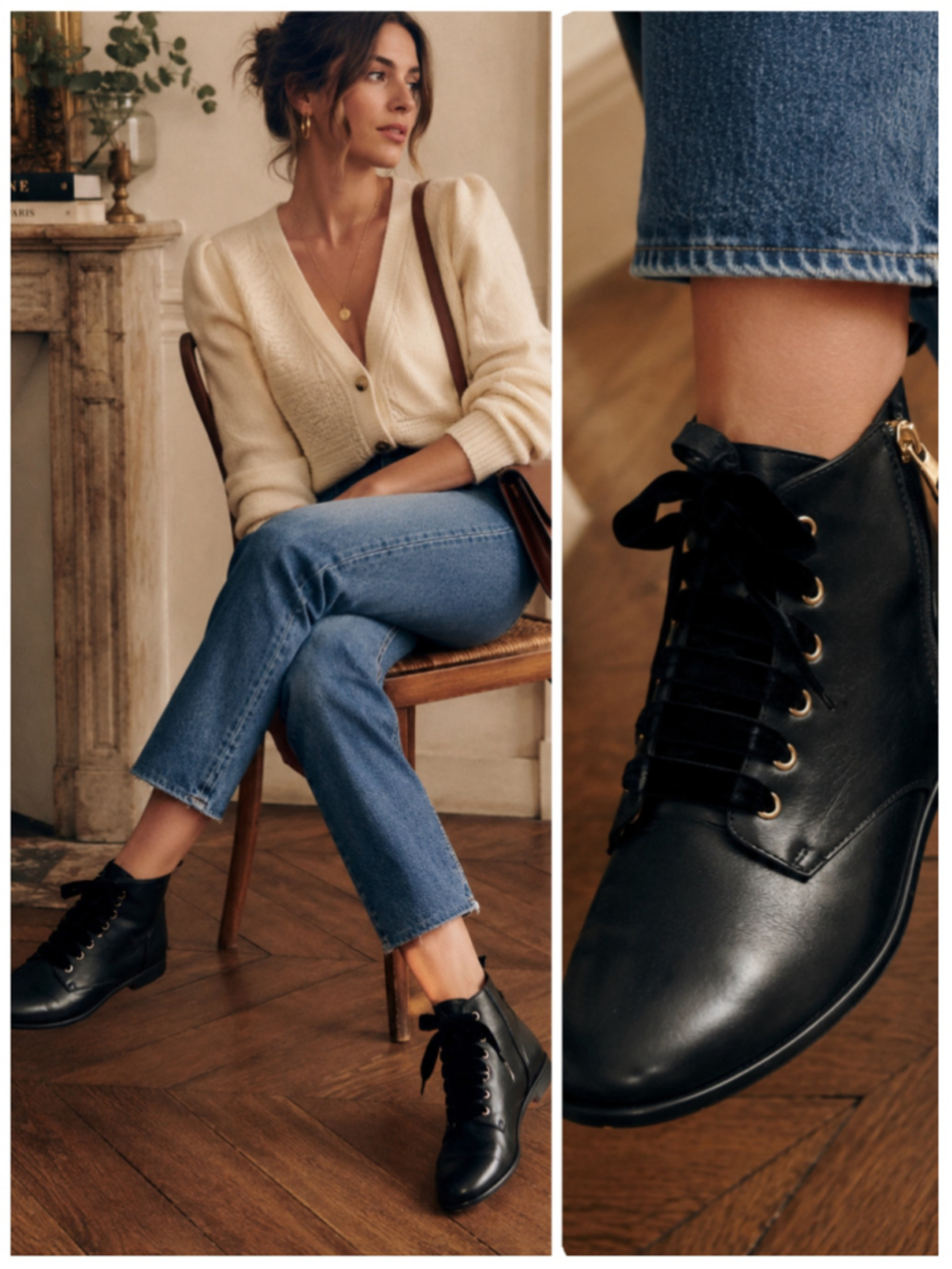 Sézane Womans Boots Black Leather Ankle Boots with Velvet Laces, Size 37 Elegant